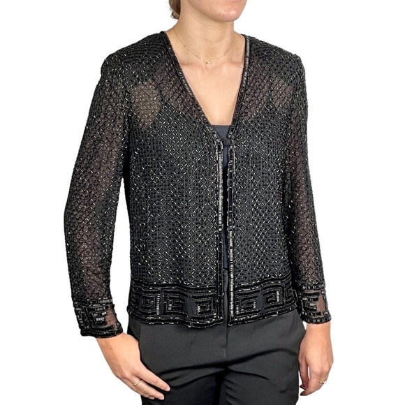 ADRIANNA PAPELL VINTAGE DECO BEAD EMBELLISHED SHEER SILK EVENING HOLIDAY JACKET - Picture 1 of 15